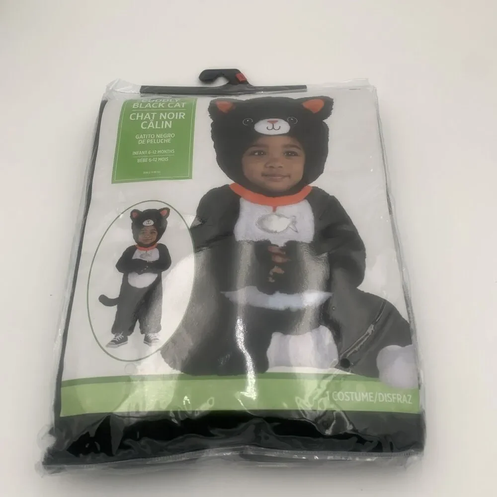 Cuddly Black Cat Baby Halloween Costume Size 6-12 Months New Jumpsuit Hood Tail